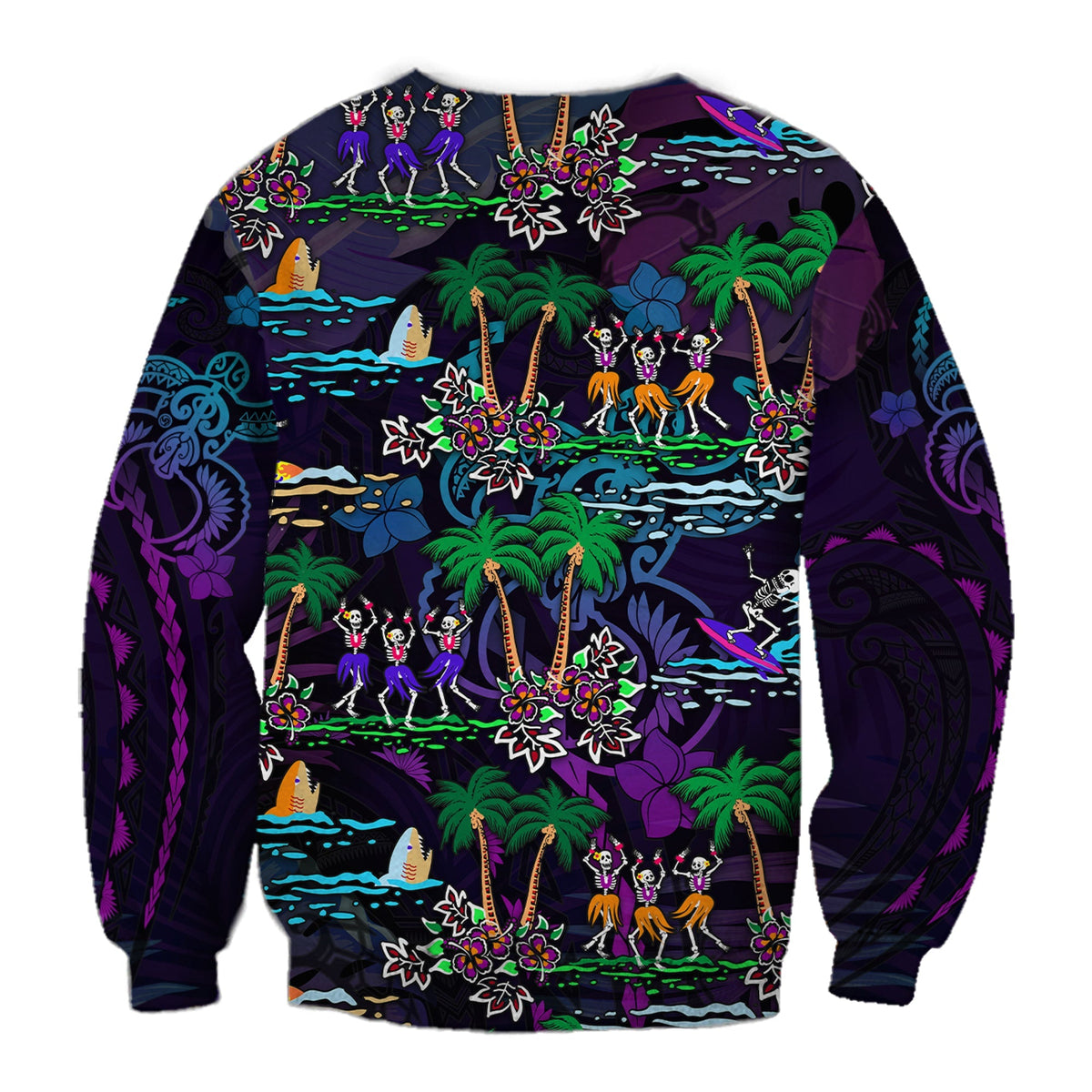 Unisex purple crewneck sweatshirt with tropical skeleton dancers and island scene print
