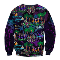 Unisex purple crewneck sweatshirt with tropical skeleton dancers and island scene print