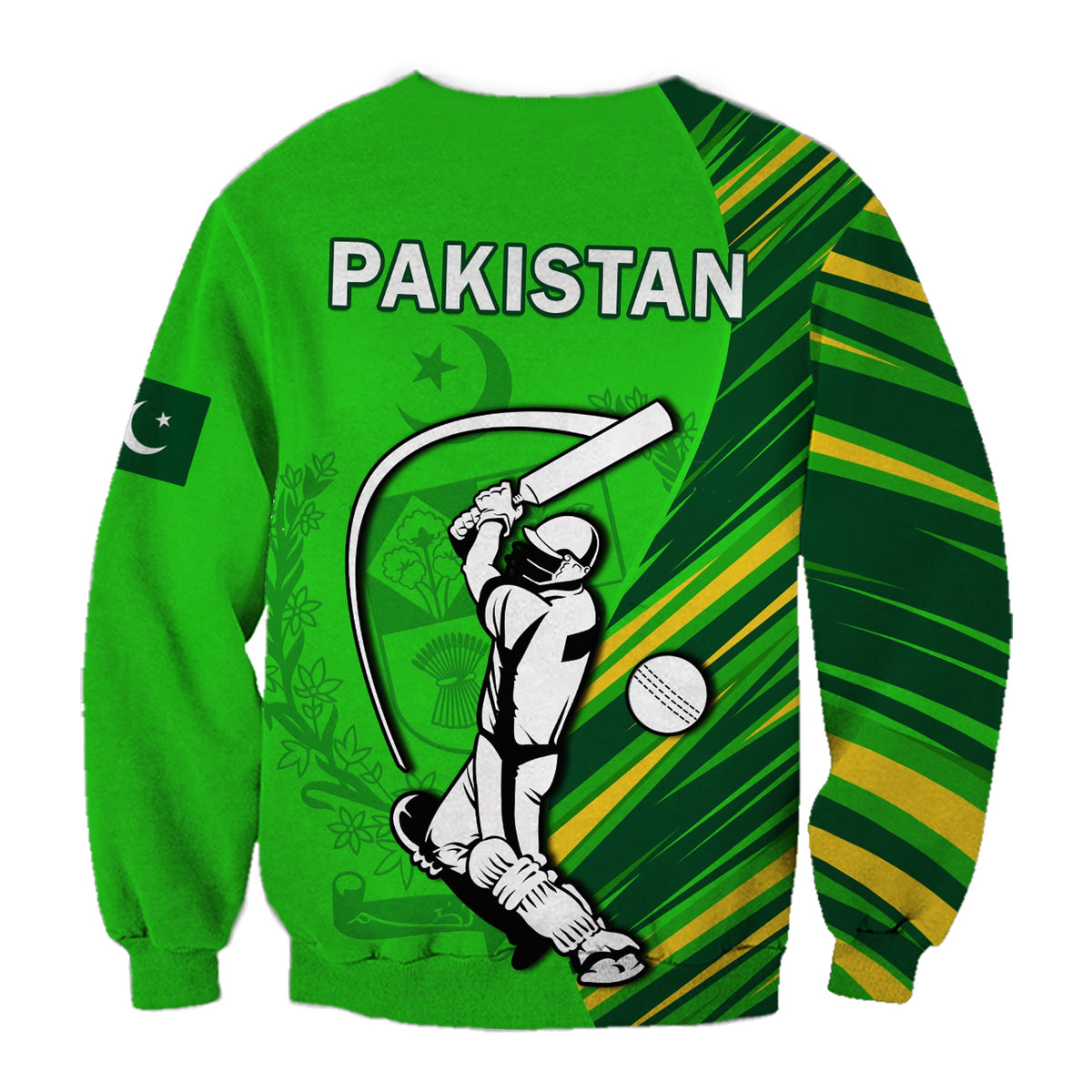 Green Pakistan cricket sweatshirt back with PAKISTAN text, batsman art and striped sleeves