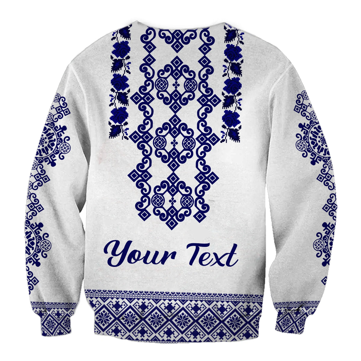 Unisex sweatshirt, light gray with blue folk embroidery and Your Text on back.