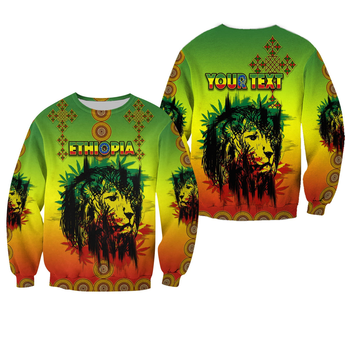 Unisex Sweatshirt, Regenbogen-Ethiopia mit Löwenprint und Kreismotiven an den Ärmeln