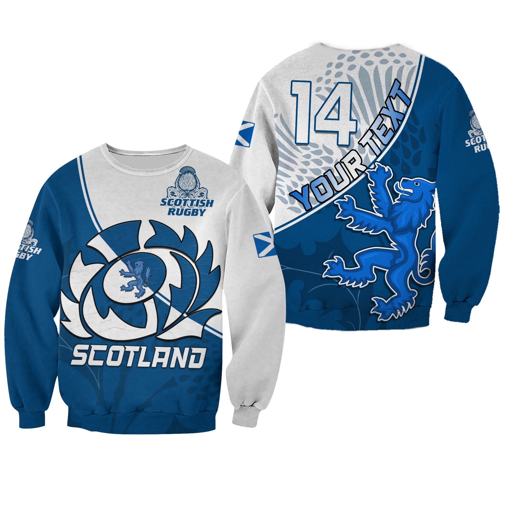 custom-text-and-number-scotland-rugby-sweatshirt-scottish-coat-of-arms-mix-thistle-newest-version