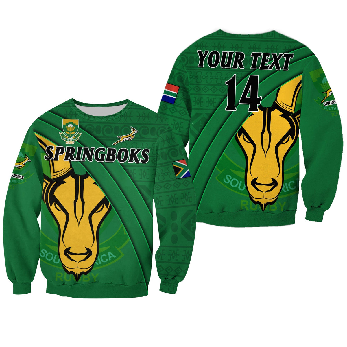 Green unisex rugby sweatshirt with SPRINGBOKS text, Springbok face and diagonal stripes