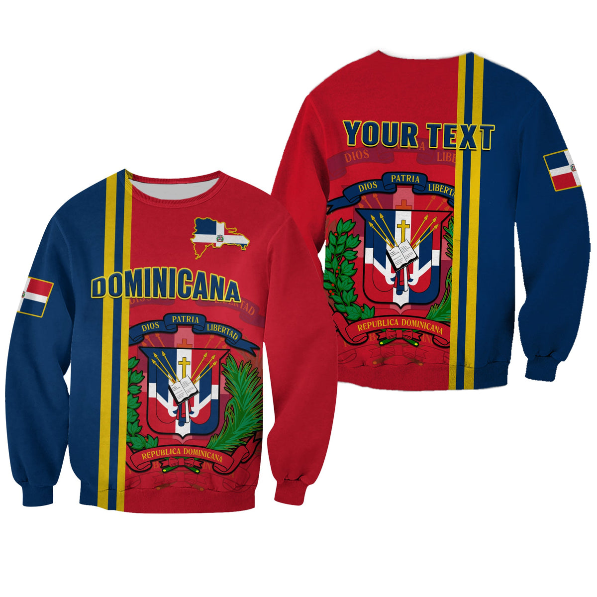 Unisex crewneck sweatshirt, red and navy with Dominican flag stripe sleeves and crest graphic