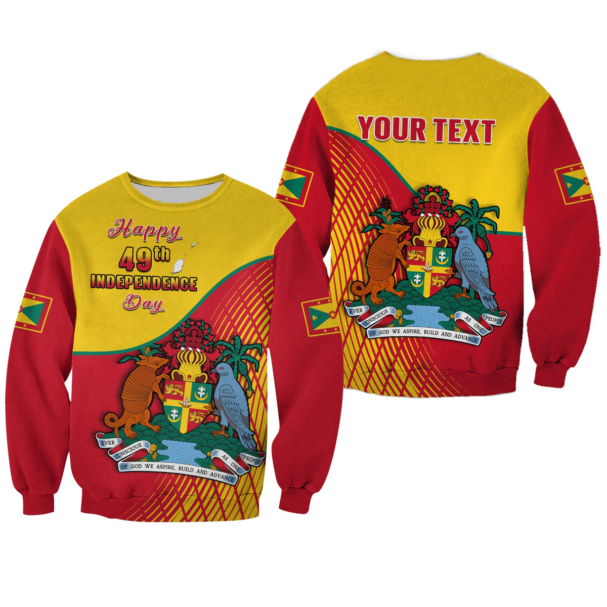 Red and yellow crewneck sweatshirt with bold Independence Day graphic and ribbon print