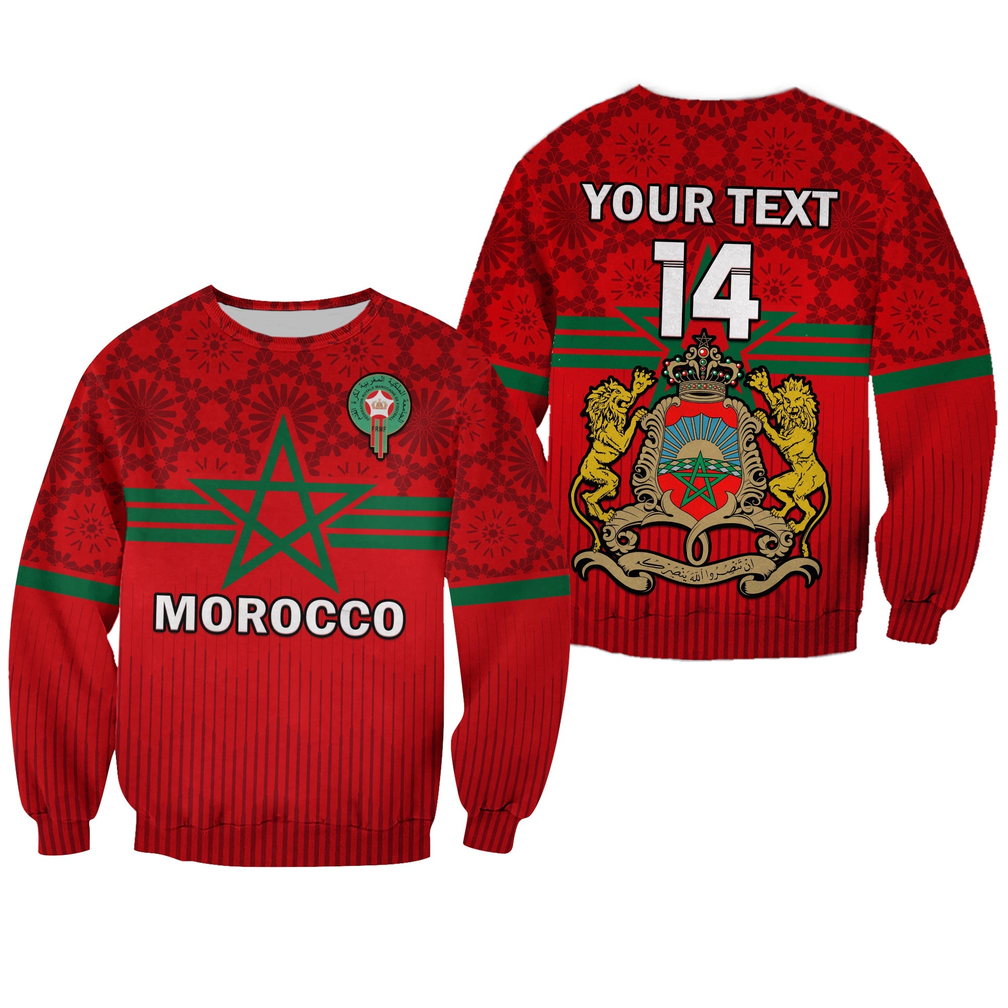 custom-text-and-number-morocco-football-sweatshirt-world-cup-2022-red-moroccan-pattern