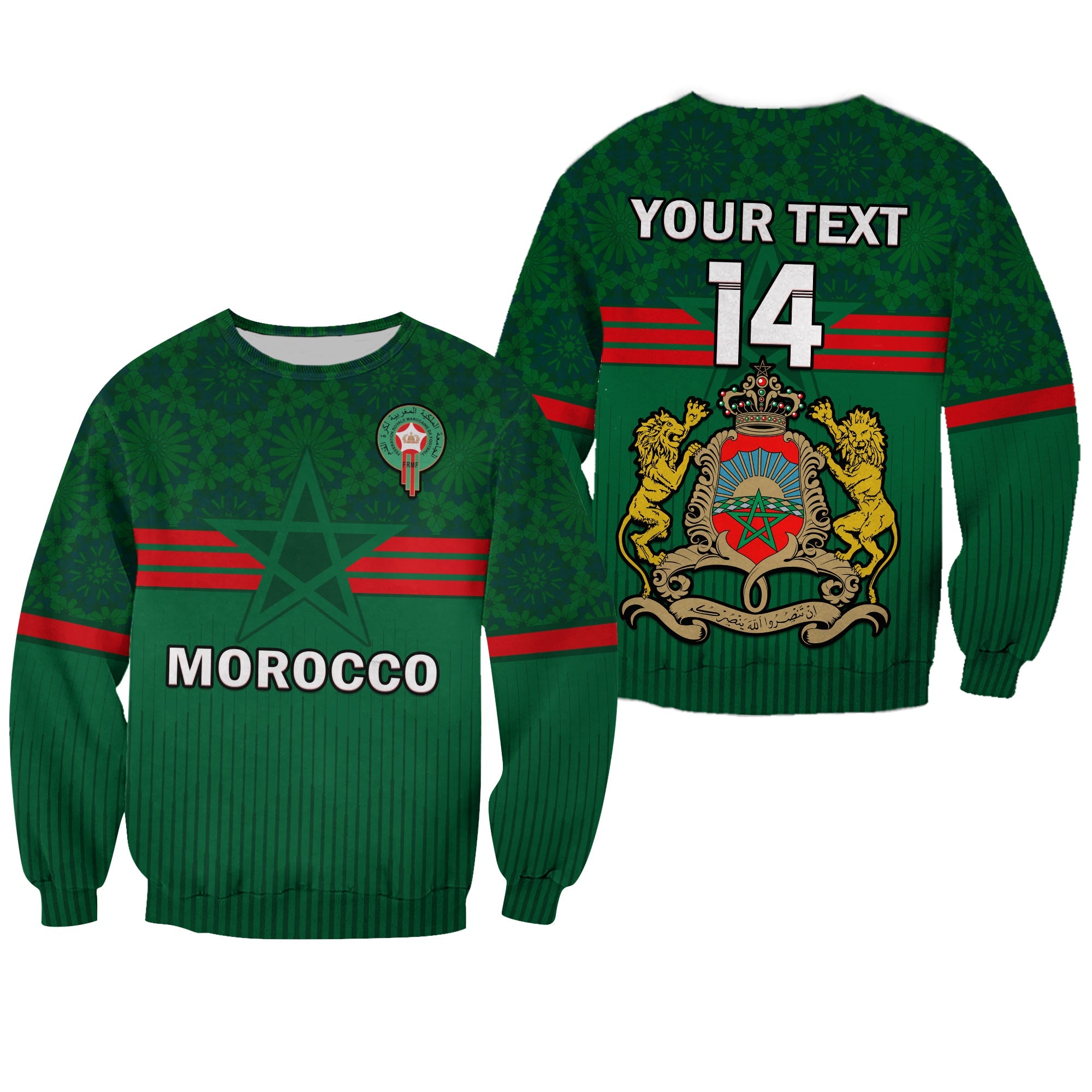 custom-text-and-number-morocco-football-sweatshirt-world-cup-2022-green-moroccan-pattern