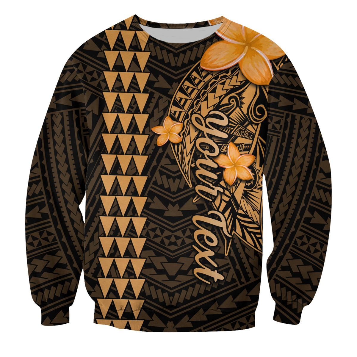 Unisex sweatshirt with dark geometric pattern and gold tropical motifs, crew neck