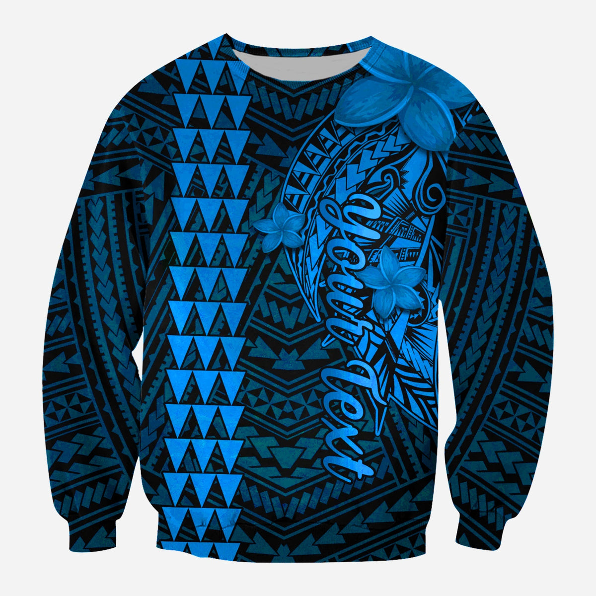 Blue unisex sweatshirt with bold tribal geometric print and blue shark graphic