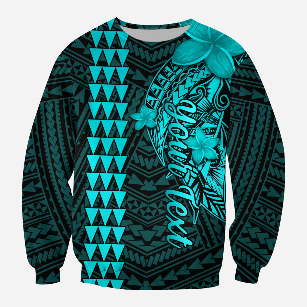 Unisex sweatshirt in dark green with turquoise Polynesian shark-style graphic