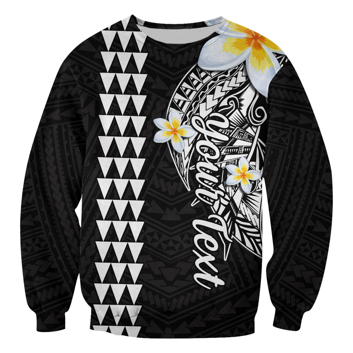 Black unisex sweatshirt with Polynesian shark graphic and floral accents on front
