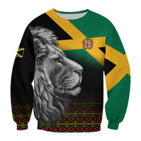 Black sweatshirt with Jamaica flag panels, gray lion graphic, patterned hem