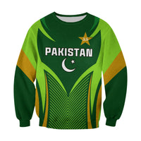 Green Pakistan cricket sweatshirt with PAKISTAN text, star and crescent emblem on front