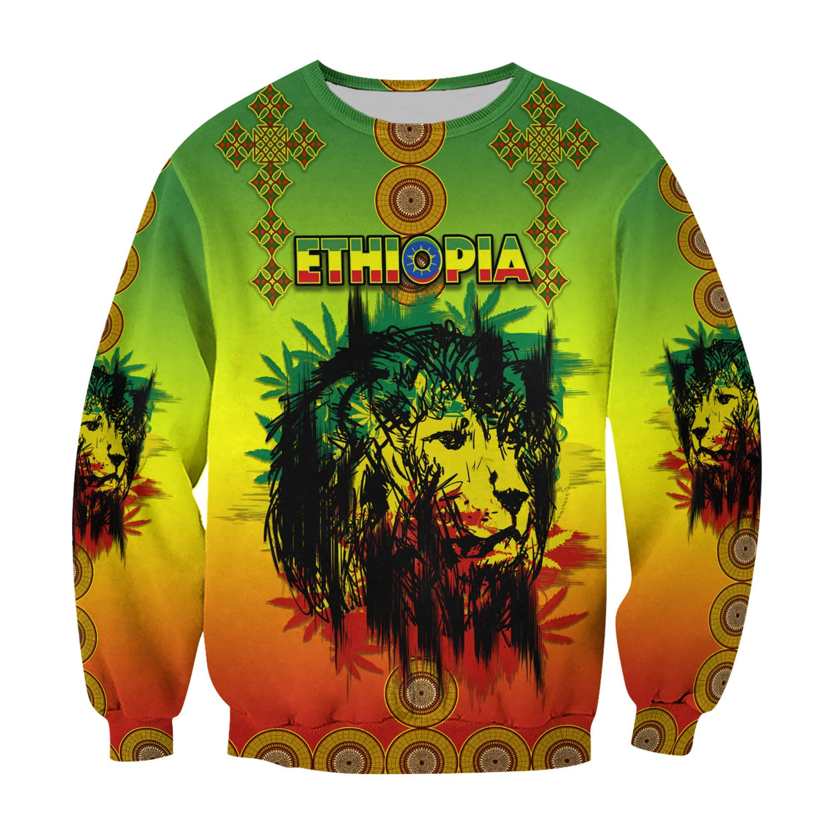 Colorful unisex sweatshirt with 'ETHIOPIA' text and black lion face center