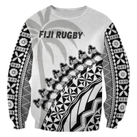 Unisex sweatshirt front in light white with black tapa pattern sleeves and FIJI RUGBY text