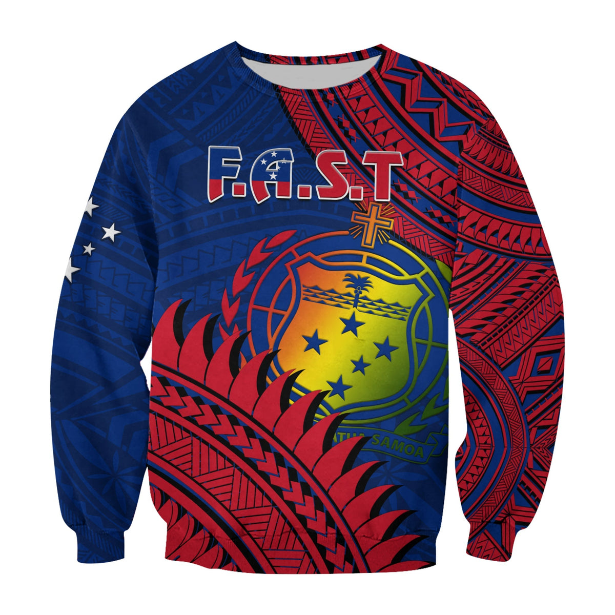 Blue and red Polynesian sweatshirt with F.A.S.T lettering and globe-style design