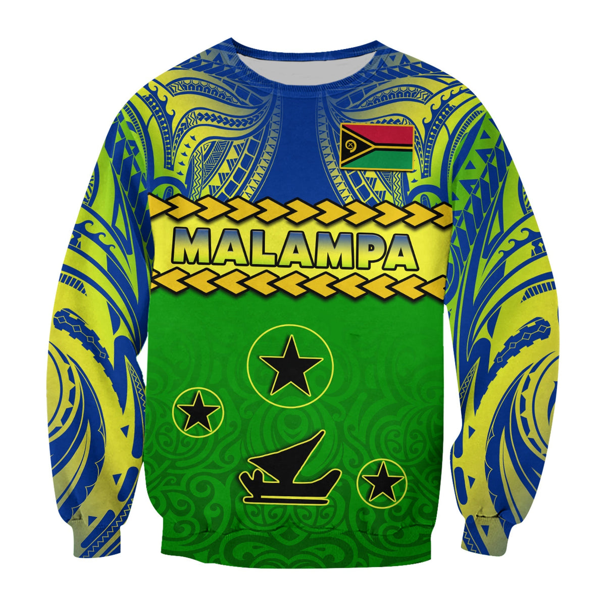 Green and blue graphic sweatshirt with MALAMPA text, stars, tusk and flag style design