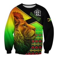 Unisex Jamaica sweatshirt with detailed lion head artwork on black, multicolor reggae pattern