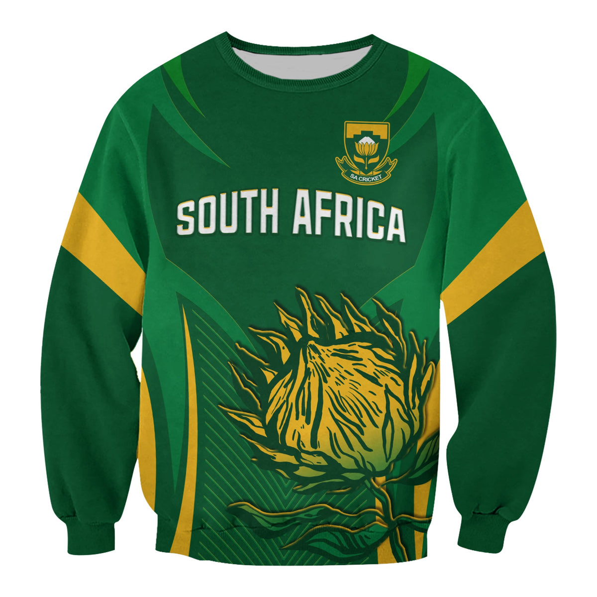 Green sweatshirt front with “SOUTH AFRICA”, crest, and yellow-green protea graphic