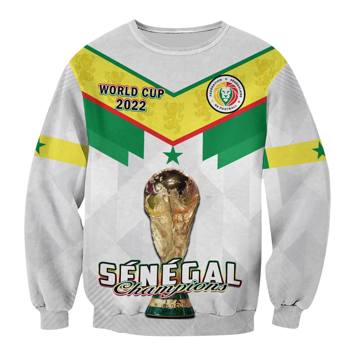 Unisex white football sweatshirt with Senegal crest, World Cup 2022 text and trophy graphic