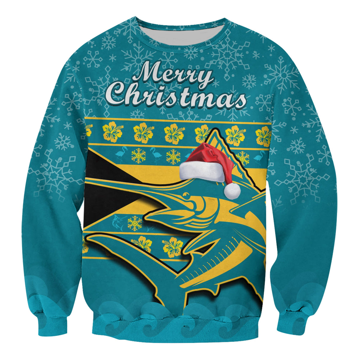 Teal crewneck sweatshirt with 'Merry Christmas' and marlin Santa hat graphic