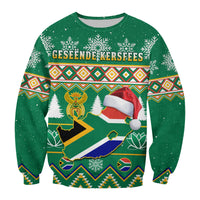 Green unisex Christmas sweatshirt with festive South Africa map and Santa hat graphic