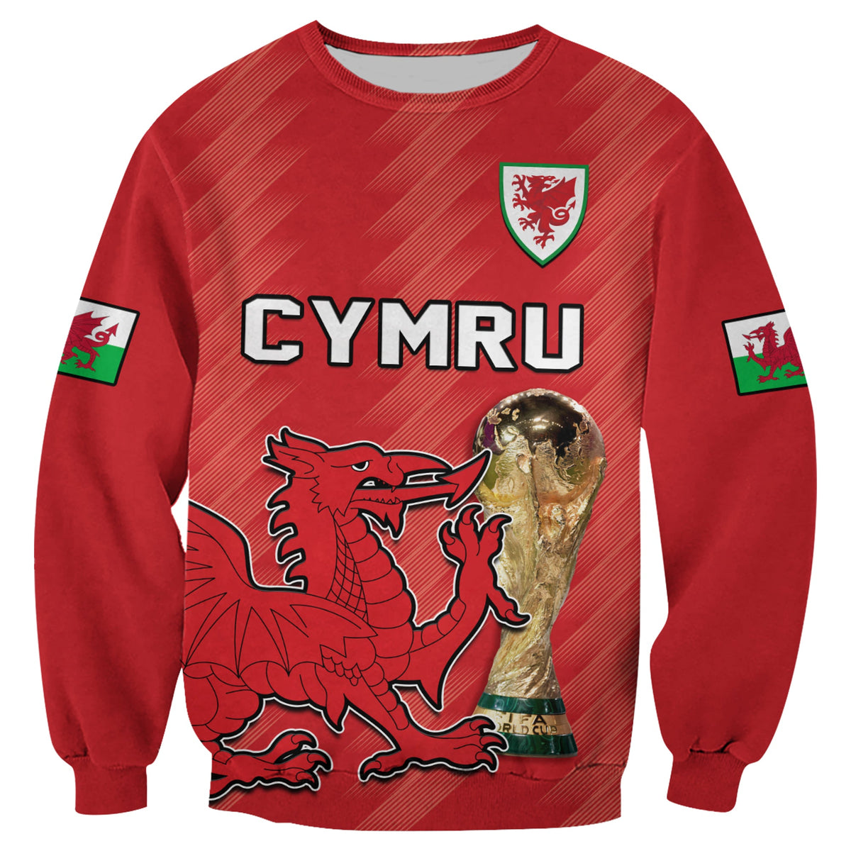 Red football sweatshirt with Cymru print, dragon and trophy, and crest sleeve patches