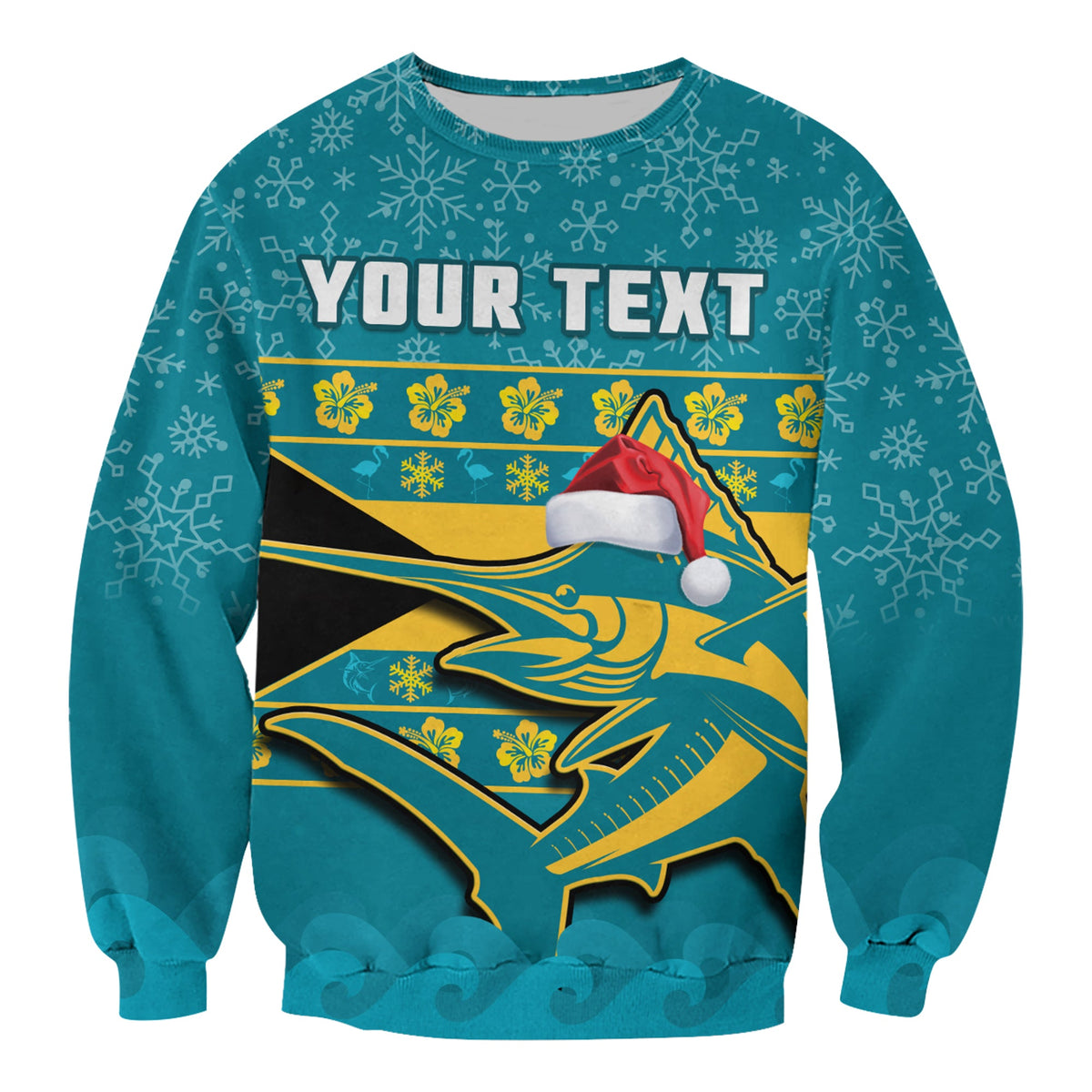 Turquoise unisex sweatshirt with YOUR TEXT, Bahamas stripes, marlin and Santa hat