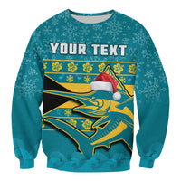 Turquoise unisex sweatshirt with YOUR TEXT, Bahamas stripes, marlin and Santa hat