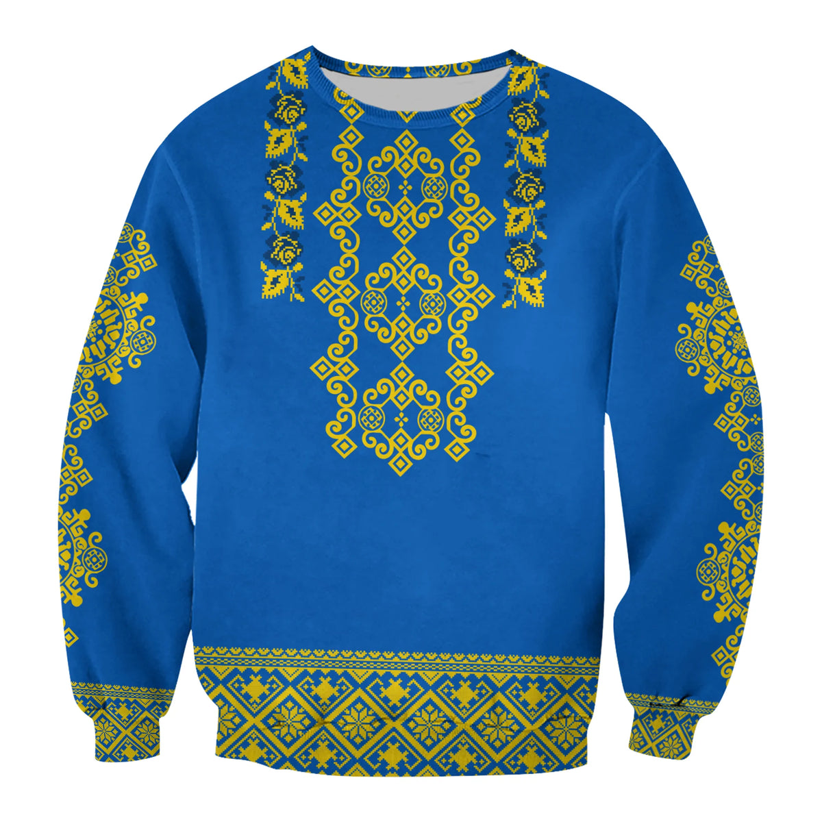 Unisex blue crewneck sweatshirt with yellow-green folk embroidery on chest and sleeves