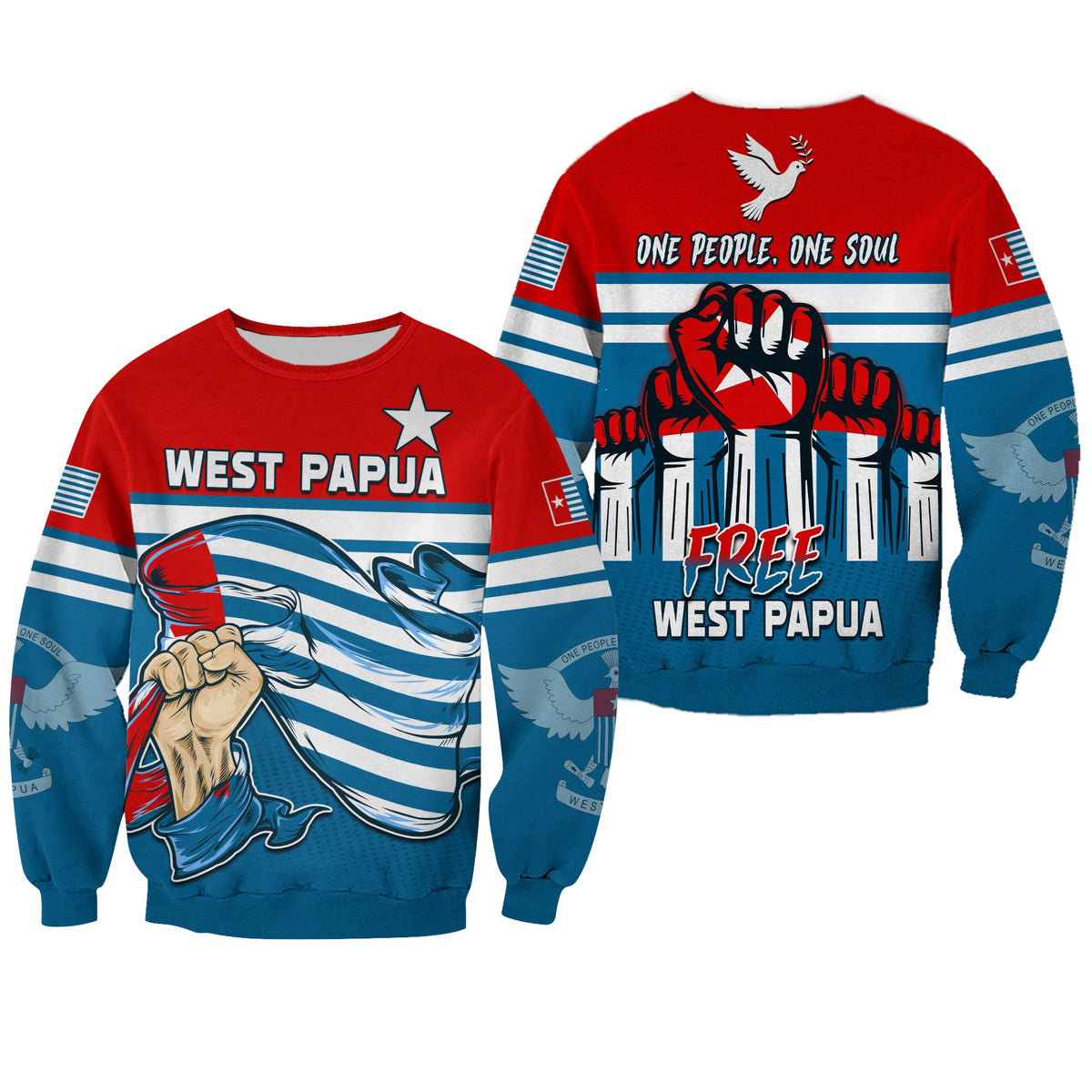Unisex sweatshirt with red front graphic, blue striped sleeves, bold text and hand print