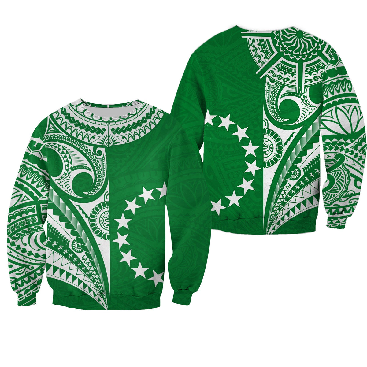 Green sweatshirt with white tribal pattern and star circle graphic (front/back view)