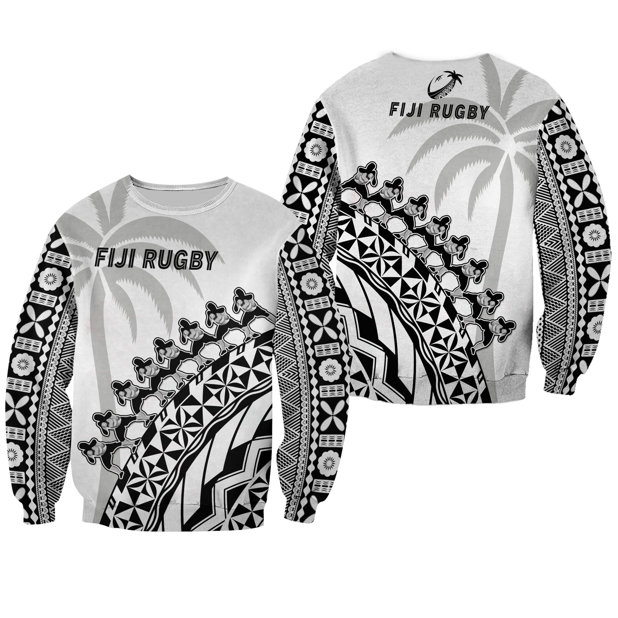 Fiji Rugby Sweatshirt Fijian Cibi Dance Tapa Pattern White - Wonder Print Shop