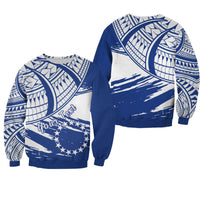 Unisex blue sweatshirt, white and navy flag-style print with custom text and stars