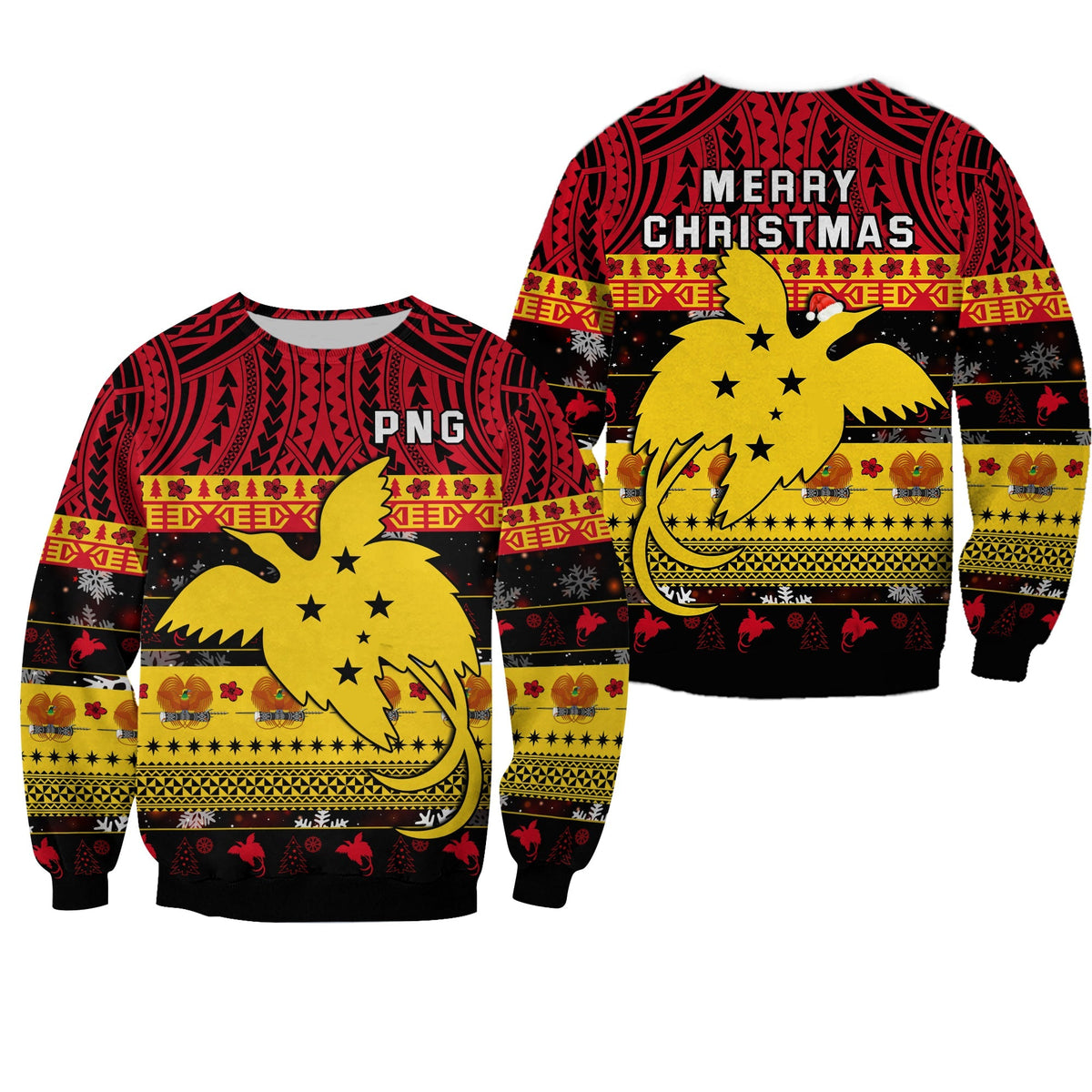 Unisex black Christmas sweatshirt pair with yellow bird graphic and red patterned trim