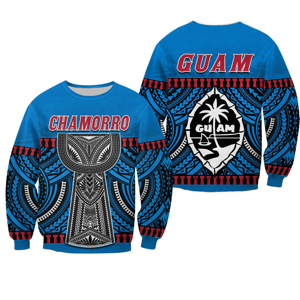 Blue sweatshirt with CHAMORRO text and tribal mask graphic, long sleeves