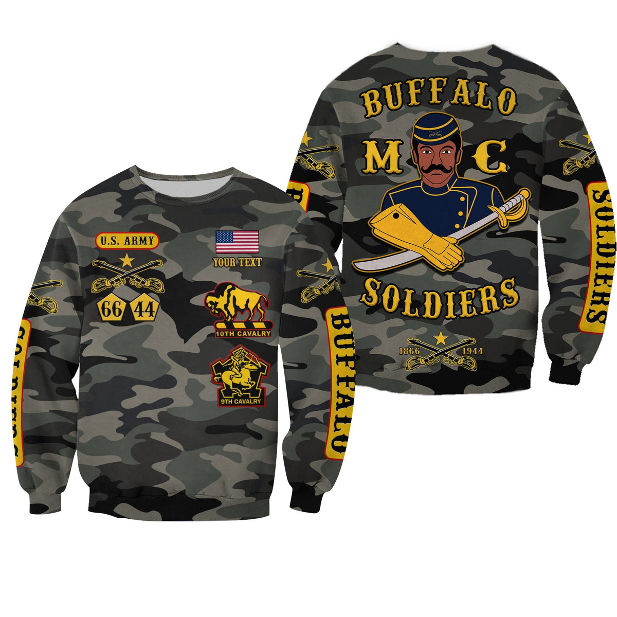 Camouflage sweatshirt with soldier graphic, U.S. Army badges and yellow sleeve text