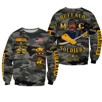 Camouflage sweatshirt with soldier graphic, U.S. Army badges and yellow sleeve text