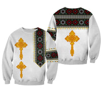 Pair of white unisex sweatshirts: front cross design and back patterned yoke with cross