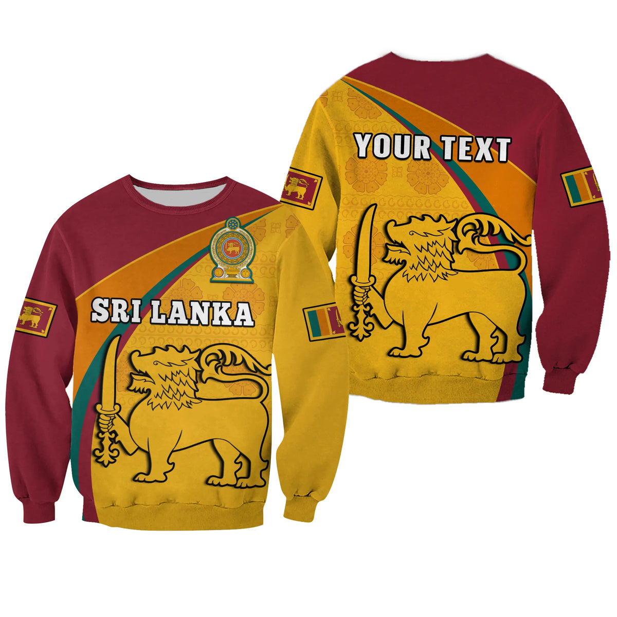 Unisex sweatshirt, maroon sleeves with yellow Sri Lanka-style graphic and lion emblem.