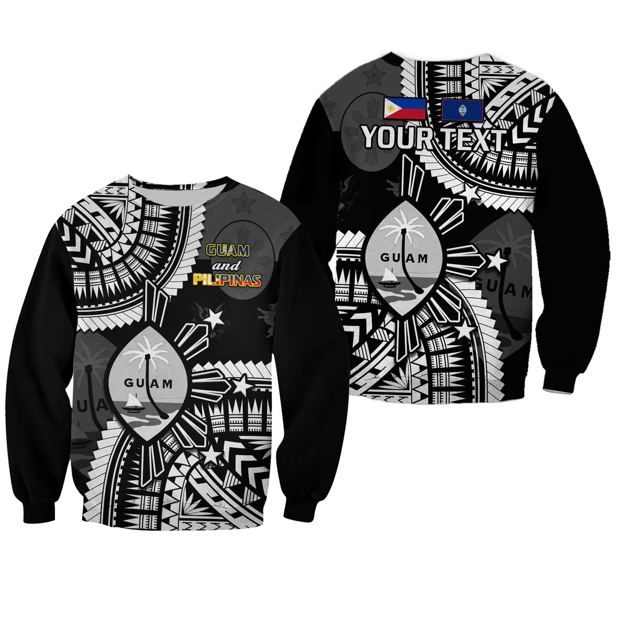 Black crewneck sweatshirt with Guam and Philippines graphic, flags, and geometric patterns.