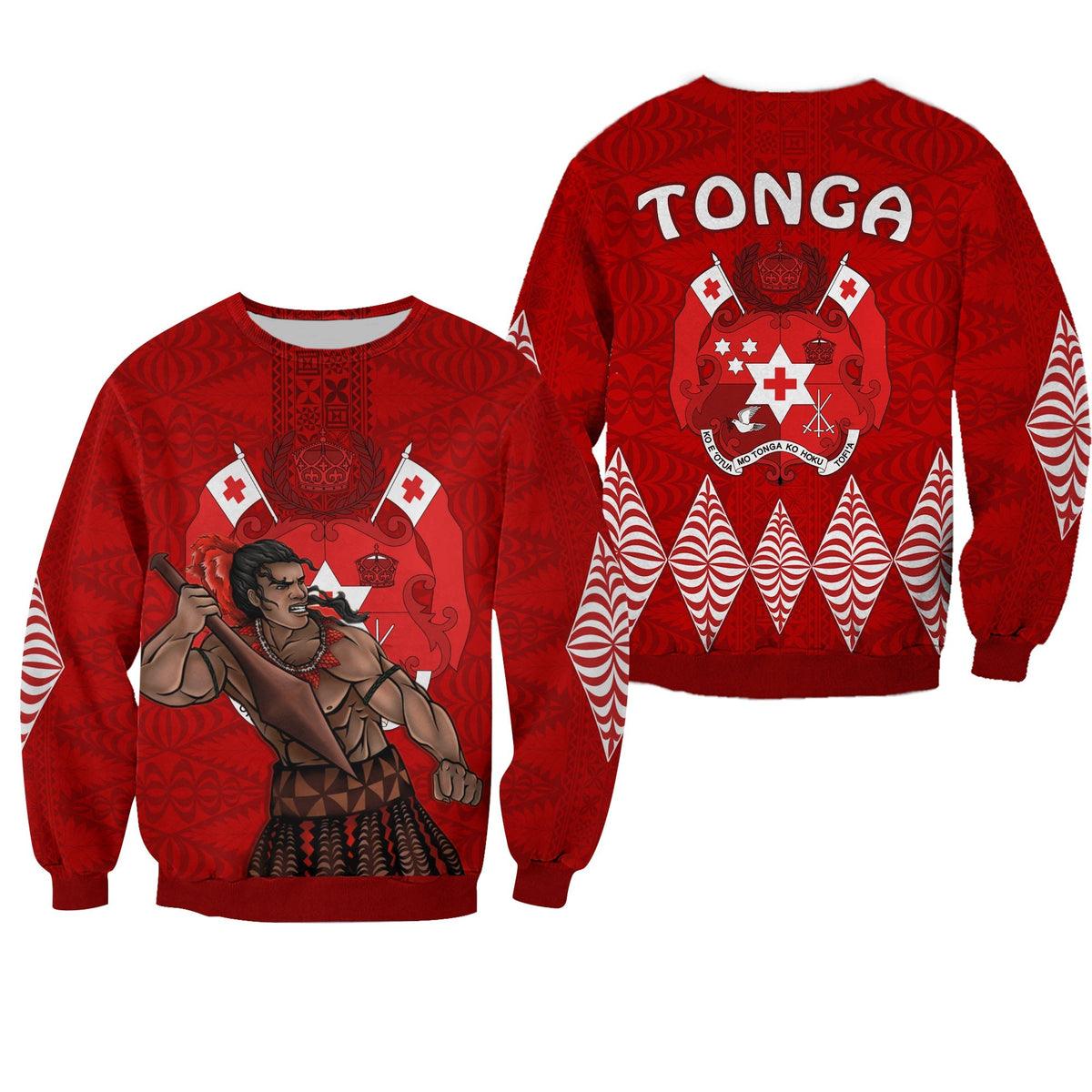 Red Tonga Warriors sweatshirt with warrior graphic and TONGA chest print, unisex