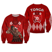 Red Tonga Warriors sweatshirt with warrior graphic and TONGA chest print, unisex