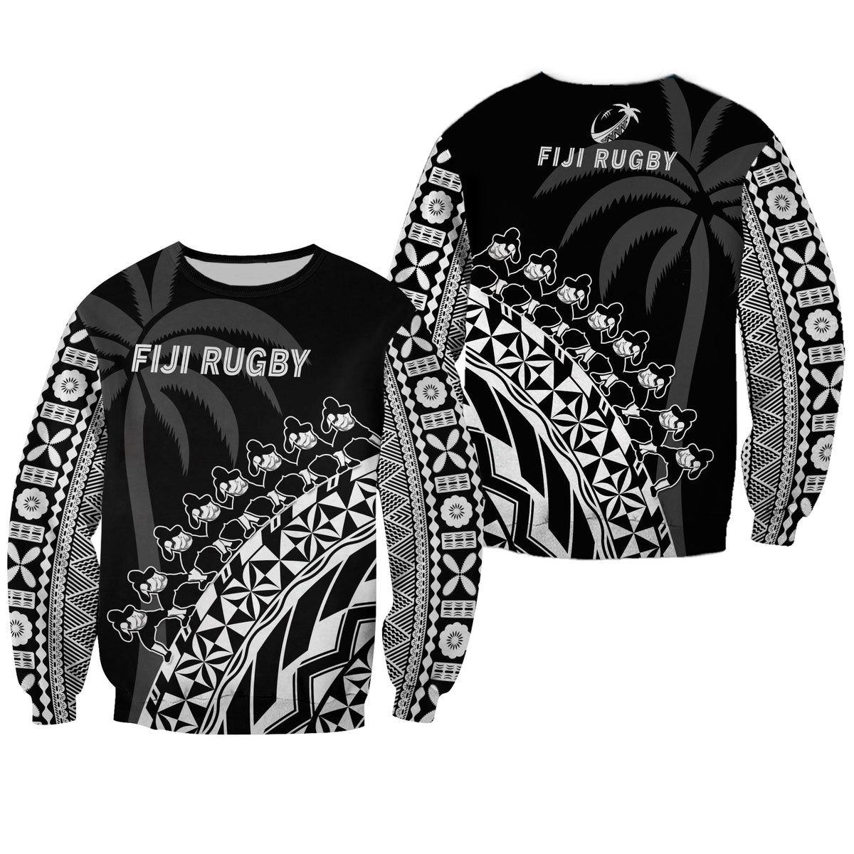 Black rugby sweatshirt with white tribal tiki pattern and long sleeves, crew neck