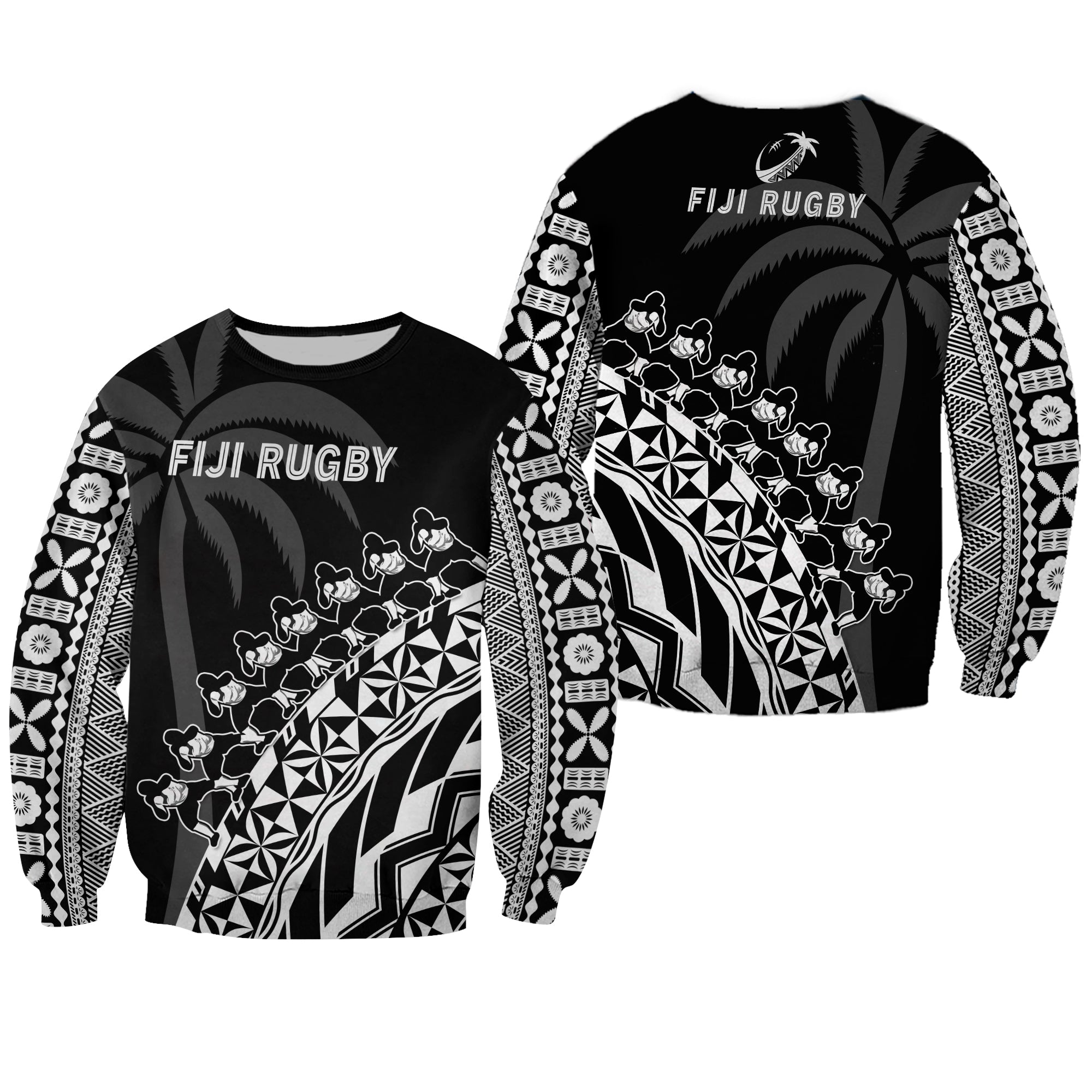 Fiji Rugby Sweatshirt Fijian Cibi Dance Tapa Pattern Black - Wonder Print Shop