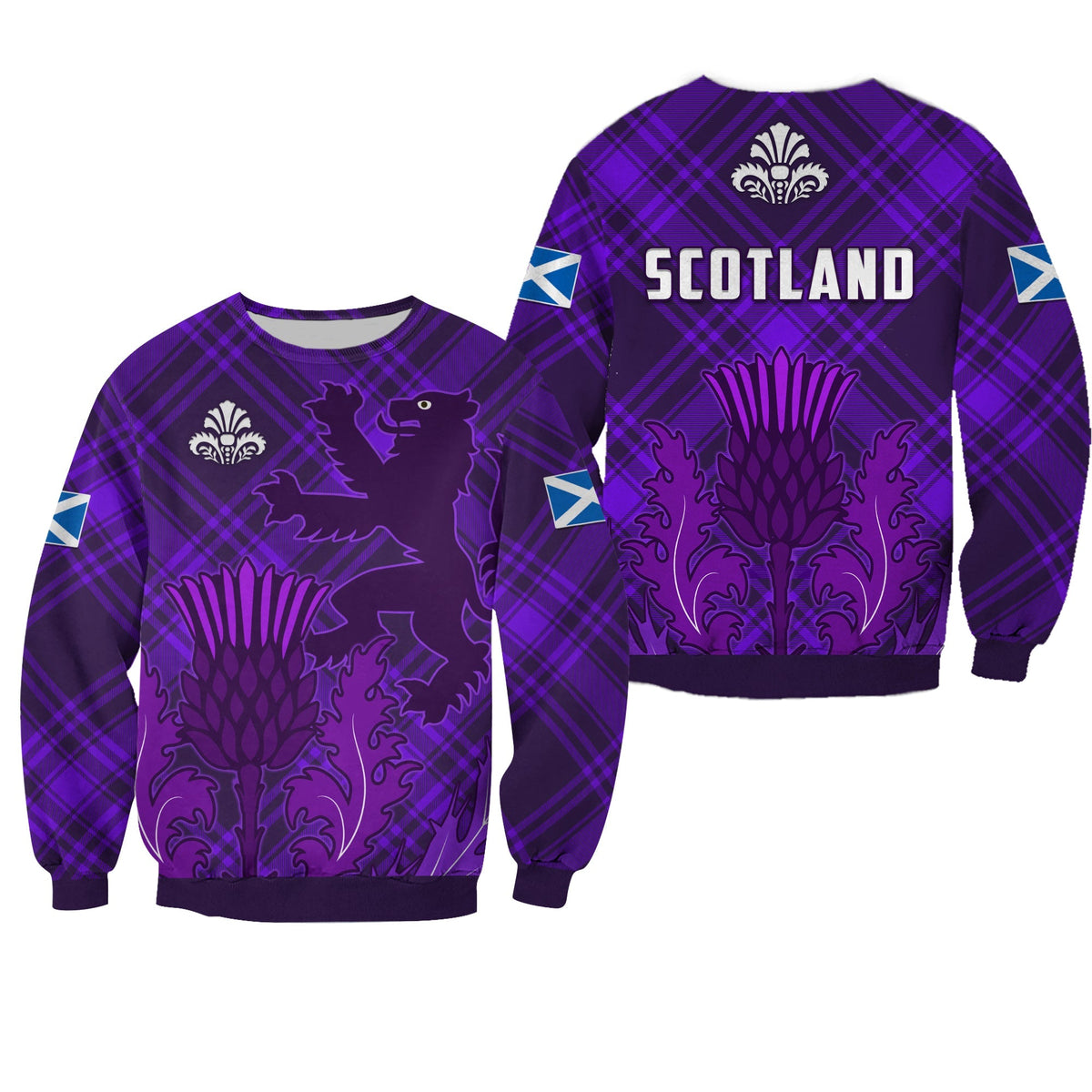 Purple unisex sweatshirt with plaid tartan, thistle and Scotland graphic, crew neck