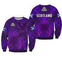 Purple unisex sweatshirt with plaid tartan, thistle and Scotland graphic, crew neck