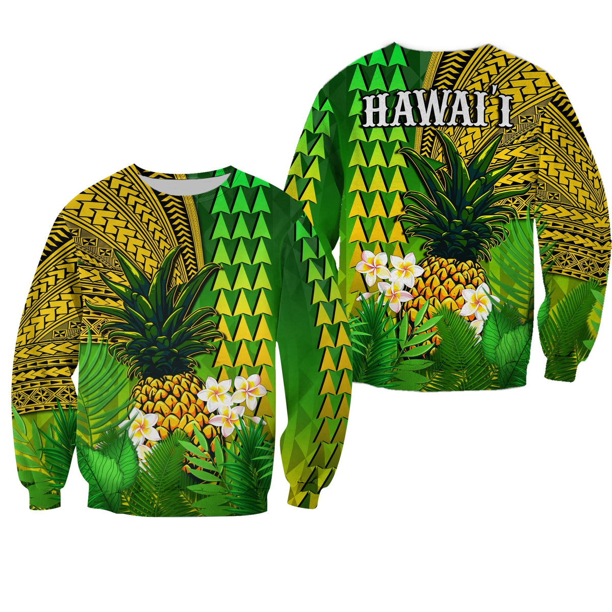 Green unisex sweatshirt with 'HAWAII' print, pineapple and plumeria tropical tribal pattern