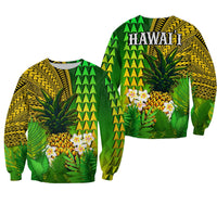 Green unisex sweatshirt with 'HAWAII' print, pineapple and plumeria tropical tribal pattern