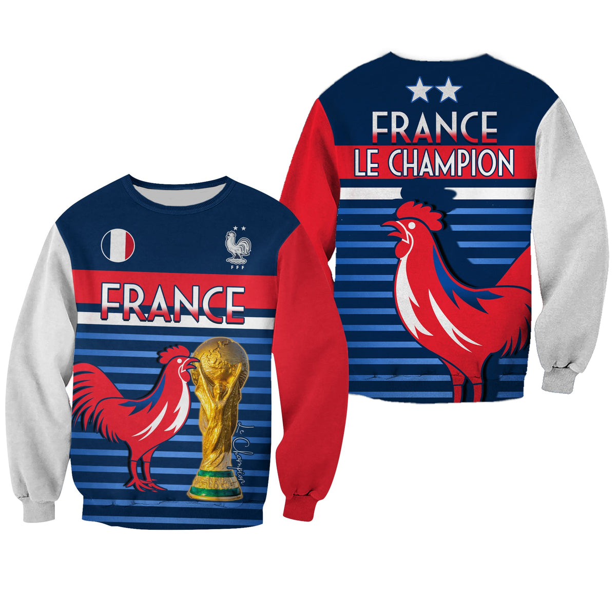 Unisex blue sweatshirt with red stripe sleeves, rooster and trophy graphic print